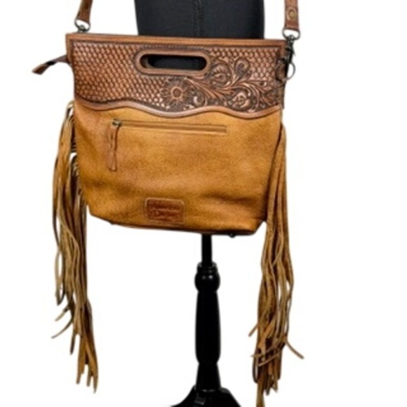 American Darling Tooled Leather Hair on Hide Gold Fringe Crossbody Bag Brown - Picture 4 of 11